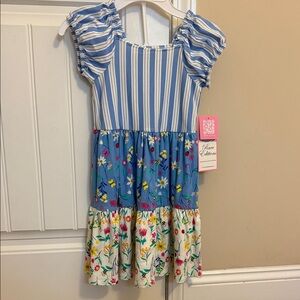Rare Editions Blue and White Striped Dress with Floral Design